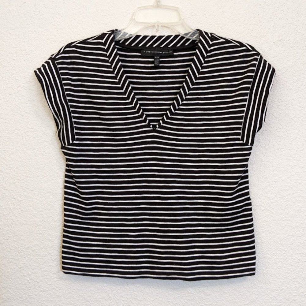 White House Black Market striped, v-neck, cropped t-shirt, black & white